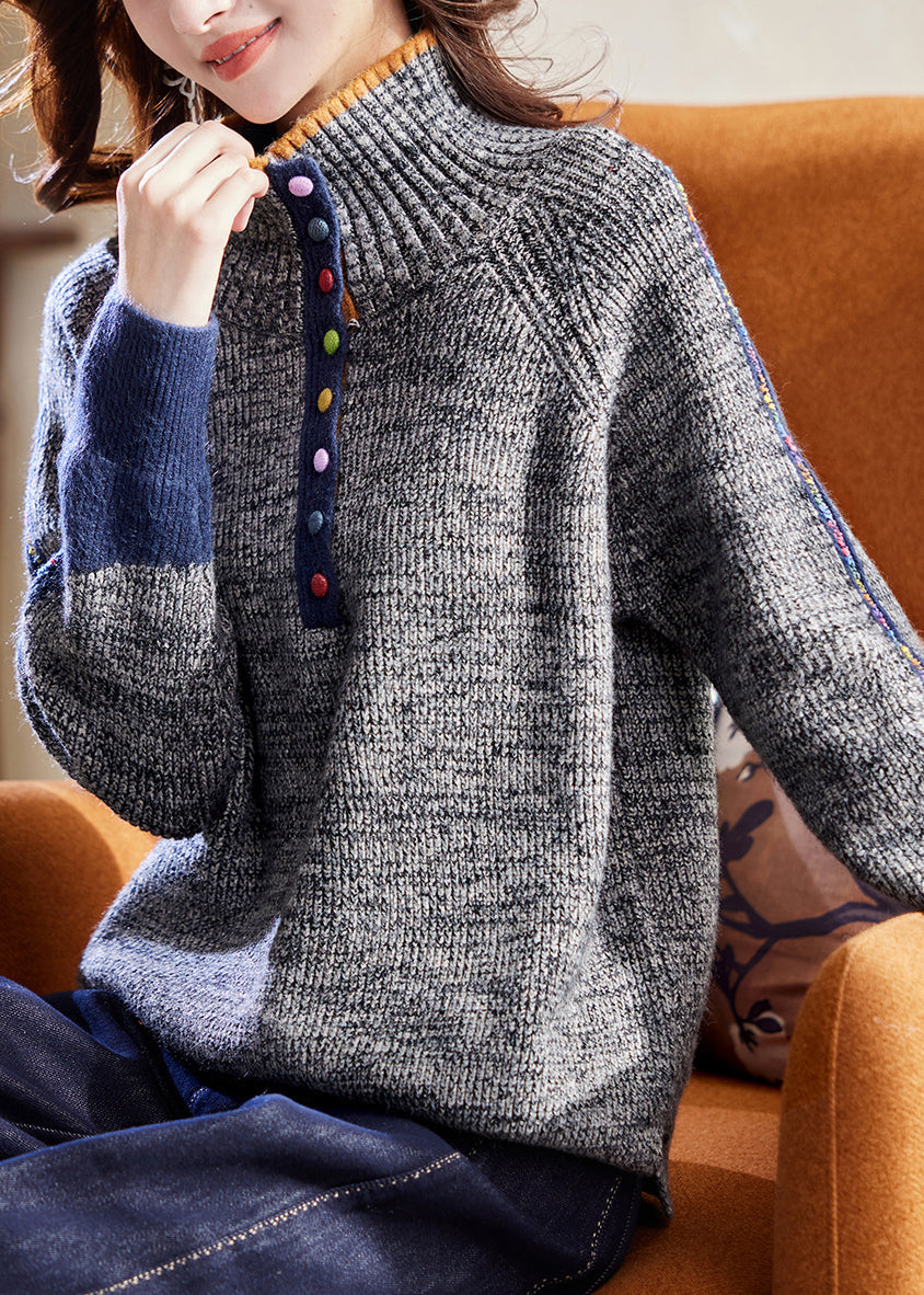 Loose Grey Turtleneck Cozy Patchwork Knit Sweaters Winter