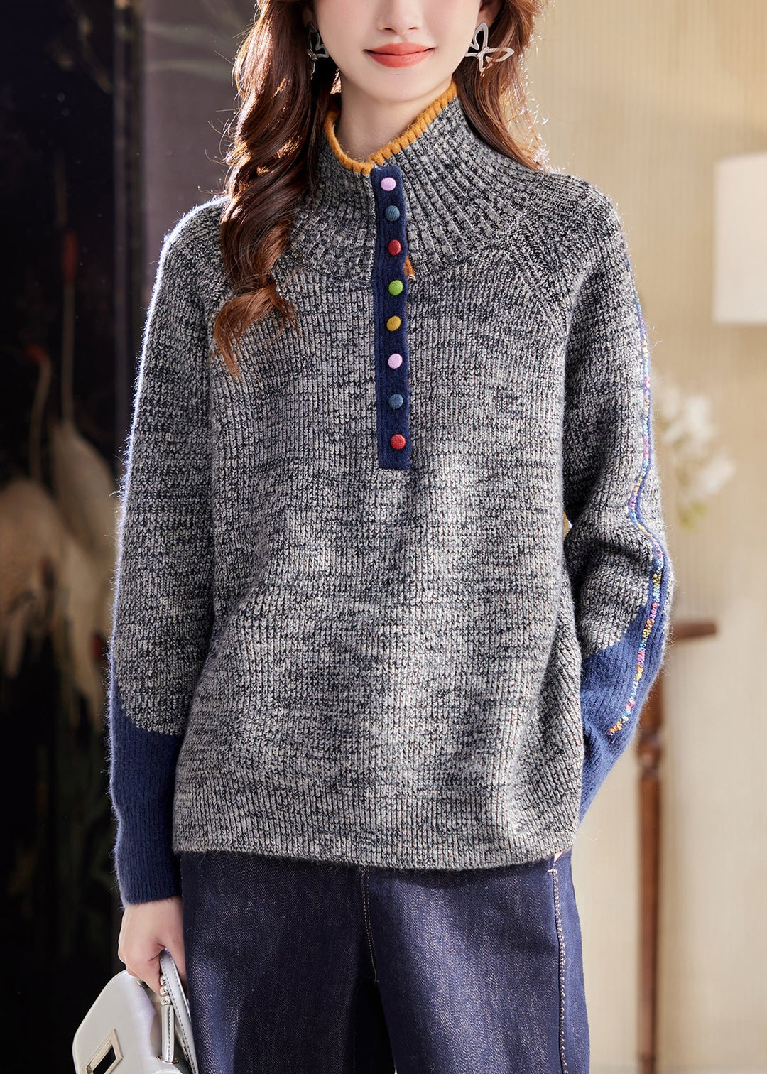 Loose Grey Turtleneck Cozy Patchwork Knit Sweaters Winter