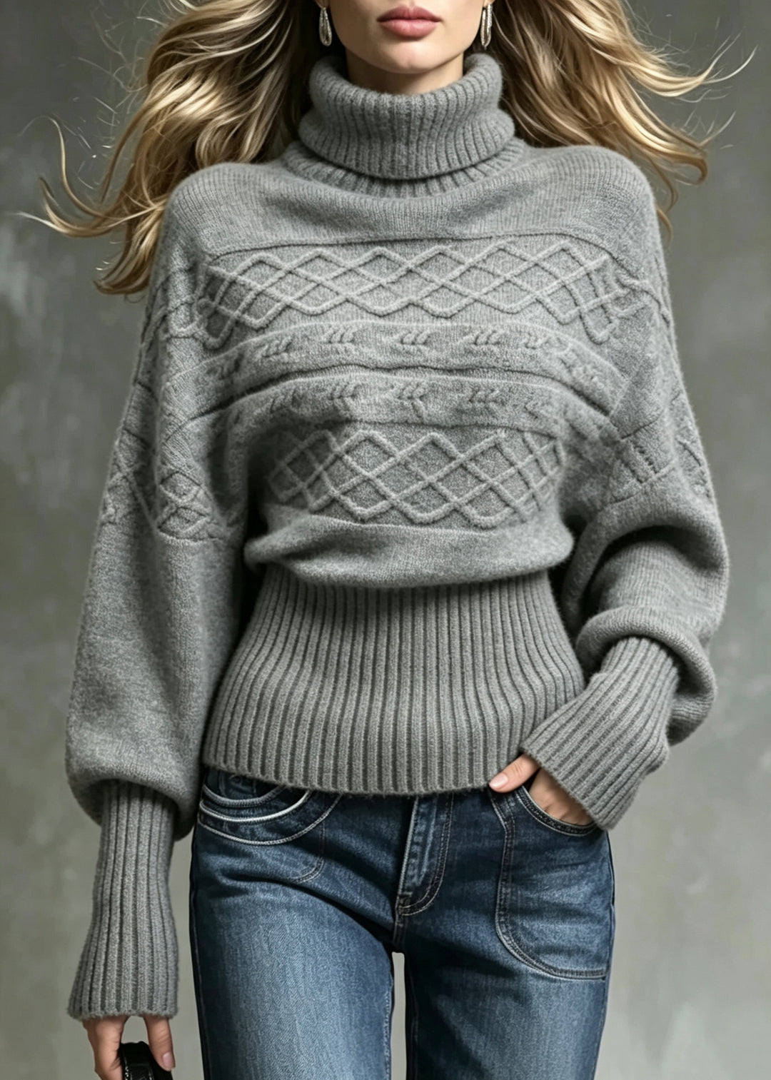 Loose Grey Turtleneck Knit Sweater Tops Batwing Sleeve