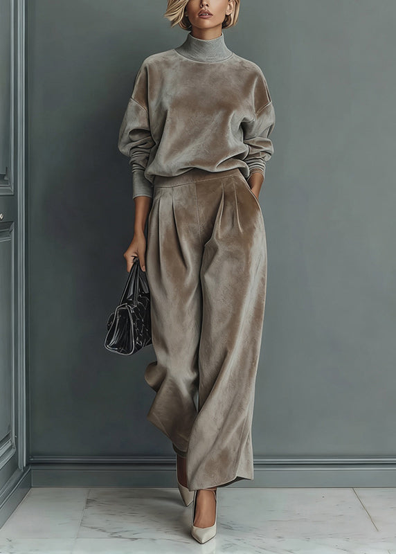 Loose Grey Turtleneck Pockets Tops And Pants Silk Velvet Two Pieces Set Spring