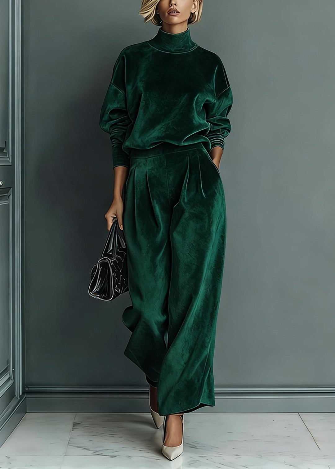 Loose Grey Turtleneck Pockets Tops And Pants Silk Velvet Two Pieces Set Spring