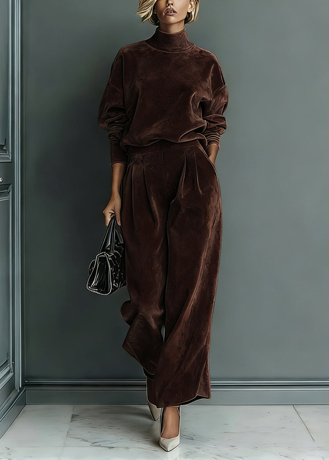 Loose Grey Turtleneck Pockets Tops And Pants Silk Velvet Two Pieces Set Spring