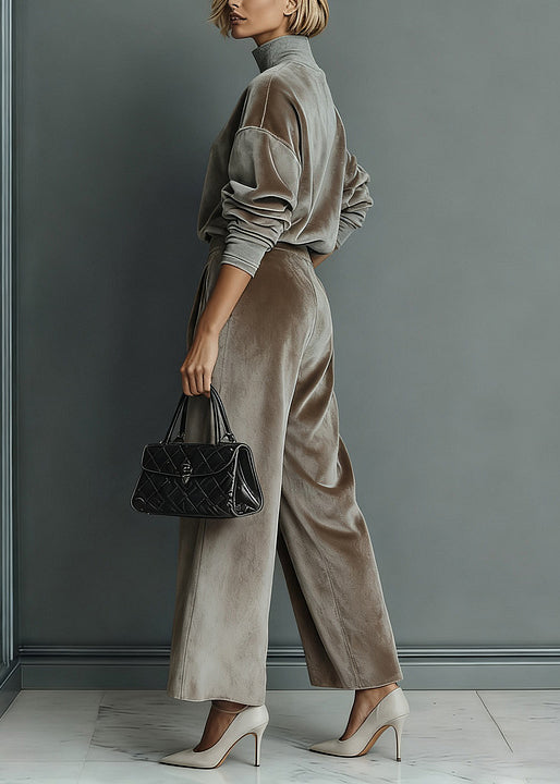 Loose Grey Turtleneck Pockets Tops And Pants Silk Velvet Two Pieces Set Spring