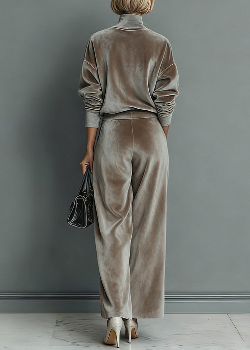 Loose Grey Turtleneck Pockets Tops And Pants Silk Velvet Two Pieces Set Spring