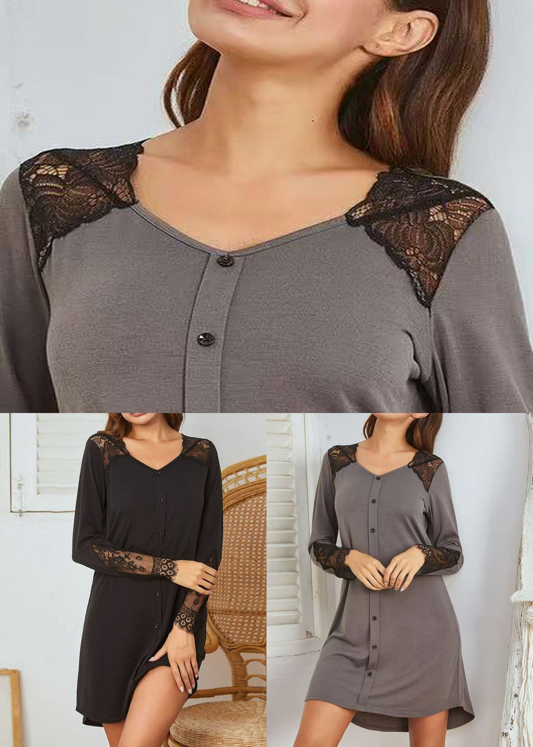 Loose Grey V Neck Lace Patchwork Cotton Pajamas Dress Spring