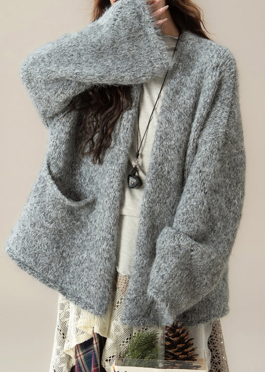 Loose Grey V Neck Pockets Solid Knit Cardigans Spring