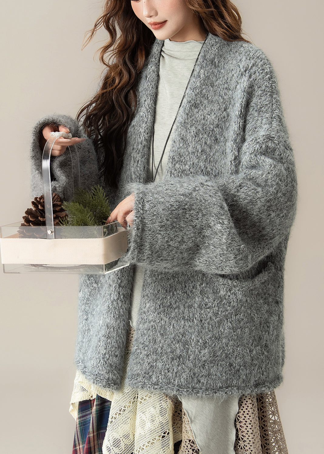 Loose Grey V Neck Pockets Solid Knit Cardigans Spring