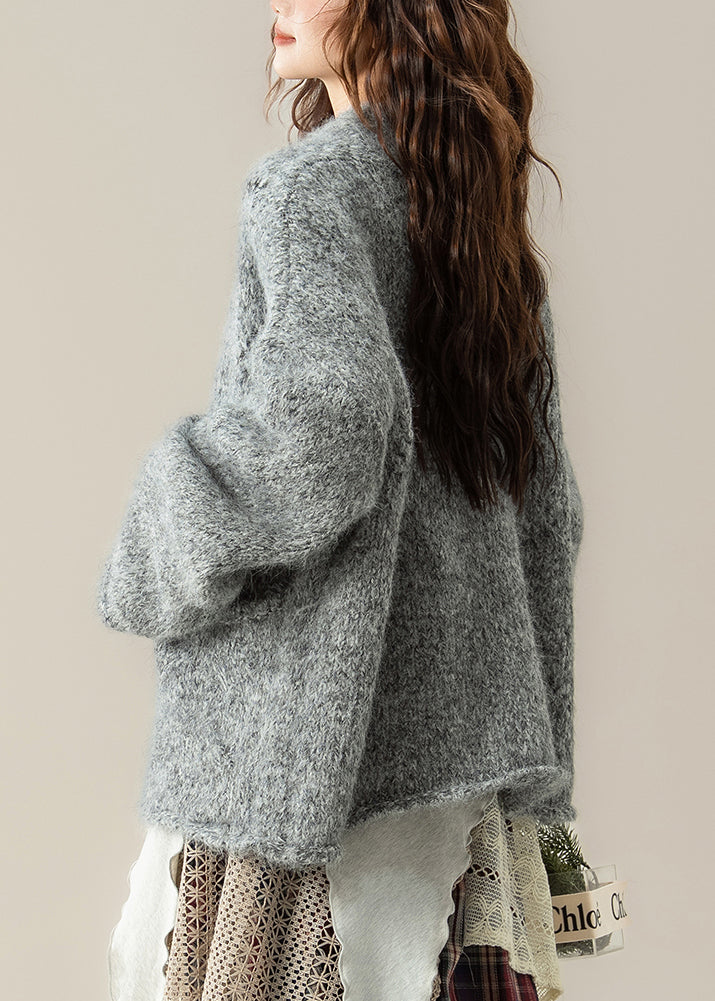 Loose Grey V Neck Pockets Solid Knit Cardigans Spring
