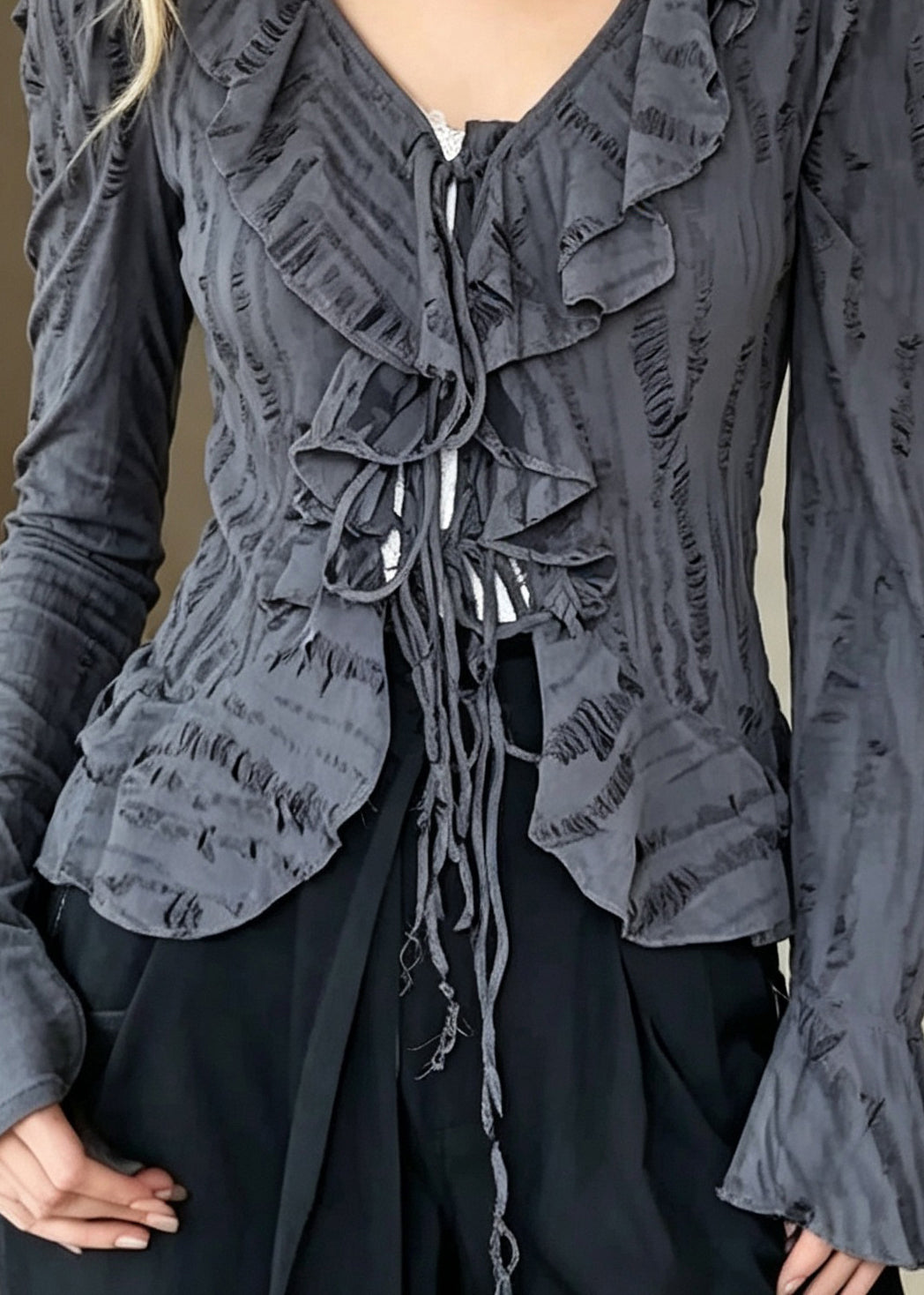 Loose Grey V Neck Ruffled Patchwork Cotton Shirt Tops Fall