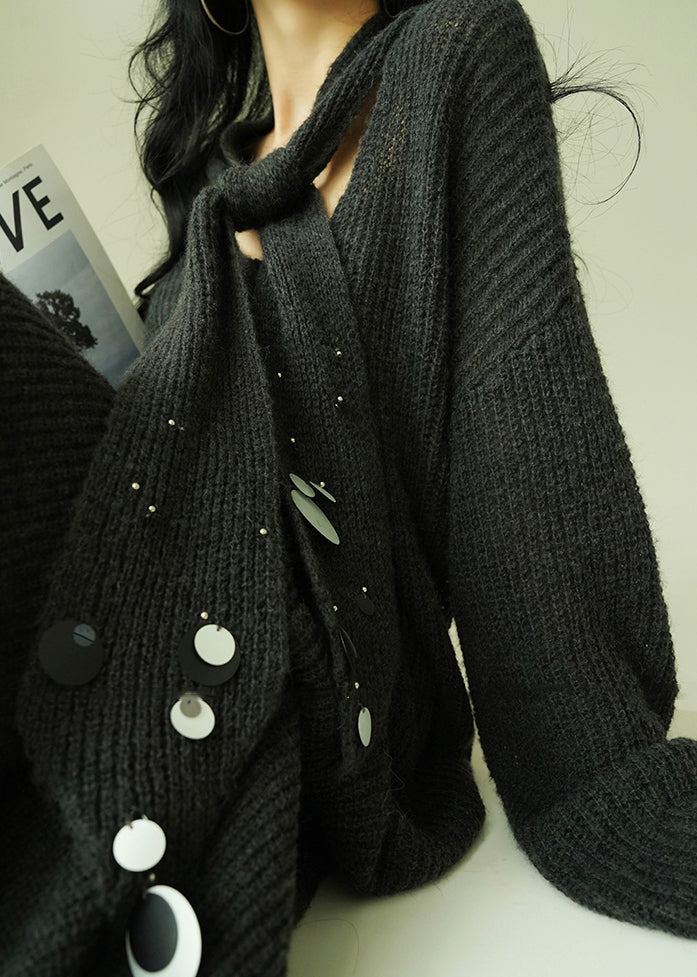 Loose Grey V Neck Sequins Knit Two Pieces Set Fall