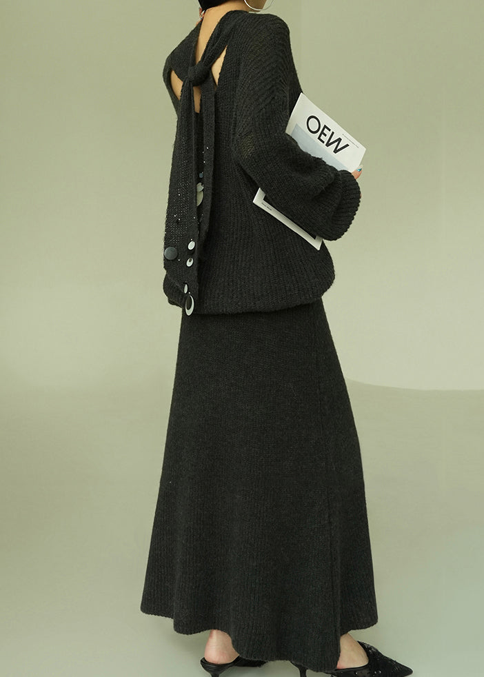 Loose Grey V Neck Sequins Knit Two Pieces Set Fall