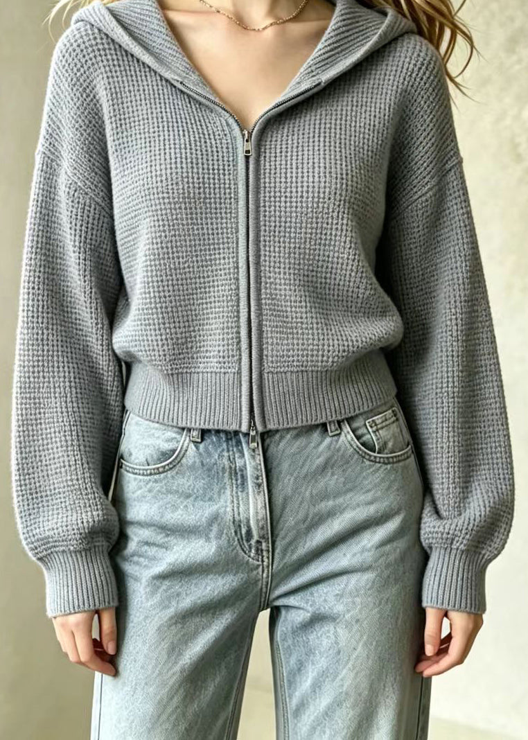 Loose Grey Waffle Hooded Double Zip Knit Cardigans Fall