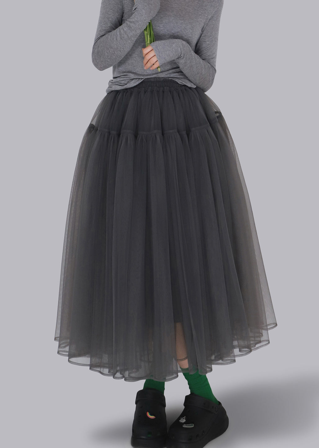 Loose Grey Wrinkled Elastic Waist Tulle Skirt Fall