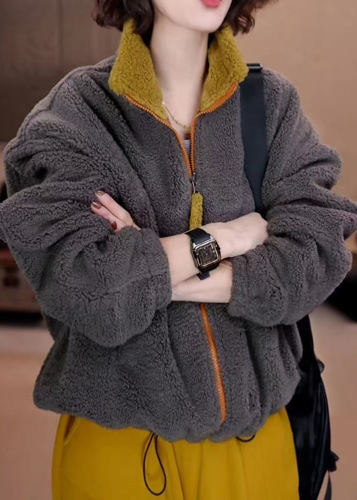 Loose Grey Zip Up Pockets Drawstring Fluffy Coat Spring