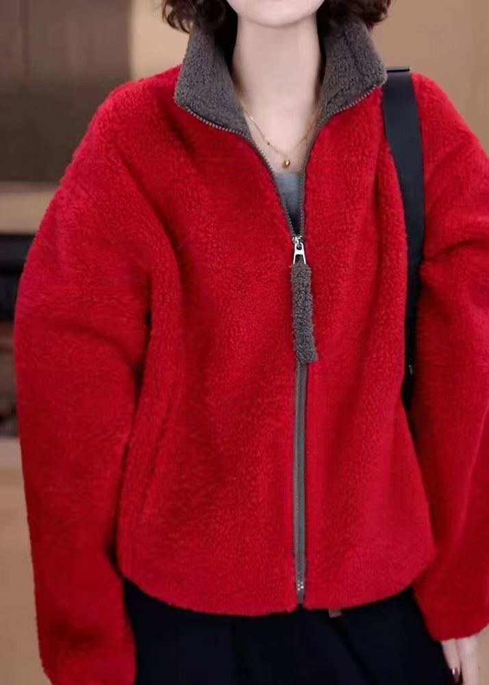 Loose Grey Zip Up Pockets Drawstring Fluffy Coat Spring