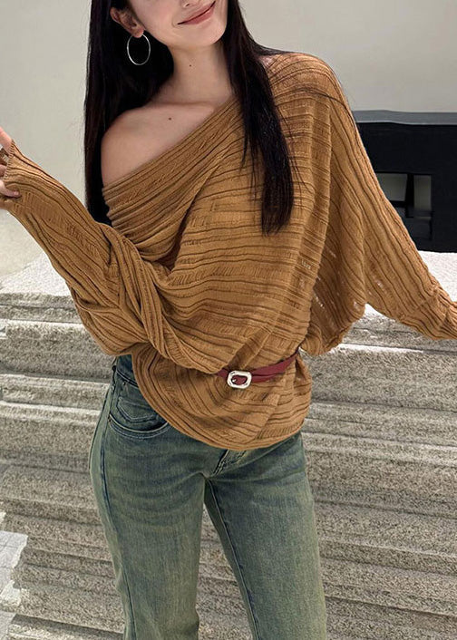 Loose Khaki Cold Shoulder Striped Knit Sweaters Batwing Sleeve