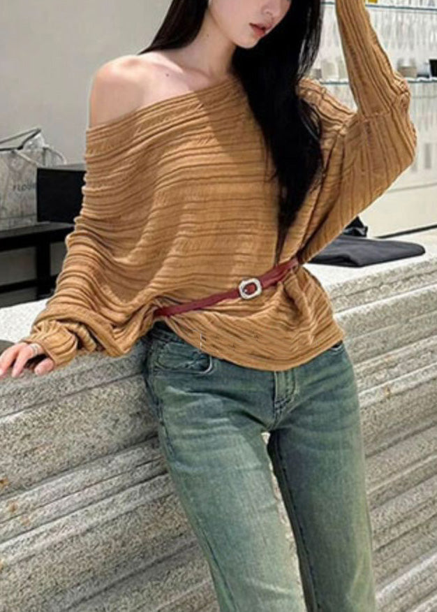 Loose Khaki Cold Shoulder Striped Knit Sweaters Batwing Sleeve