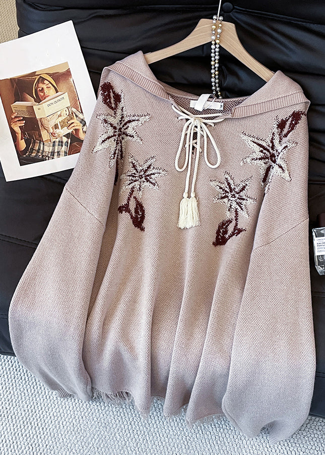Loose Khaki Hooded Embroidered Lace Up Knit Sweater Tops Fall