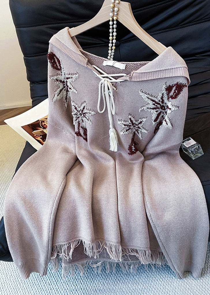 Loose Khaki Hooded Embroidered Lace Up Knit Sweater Tops Fall