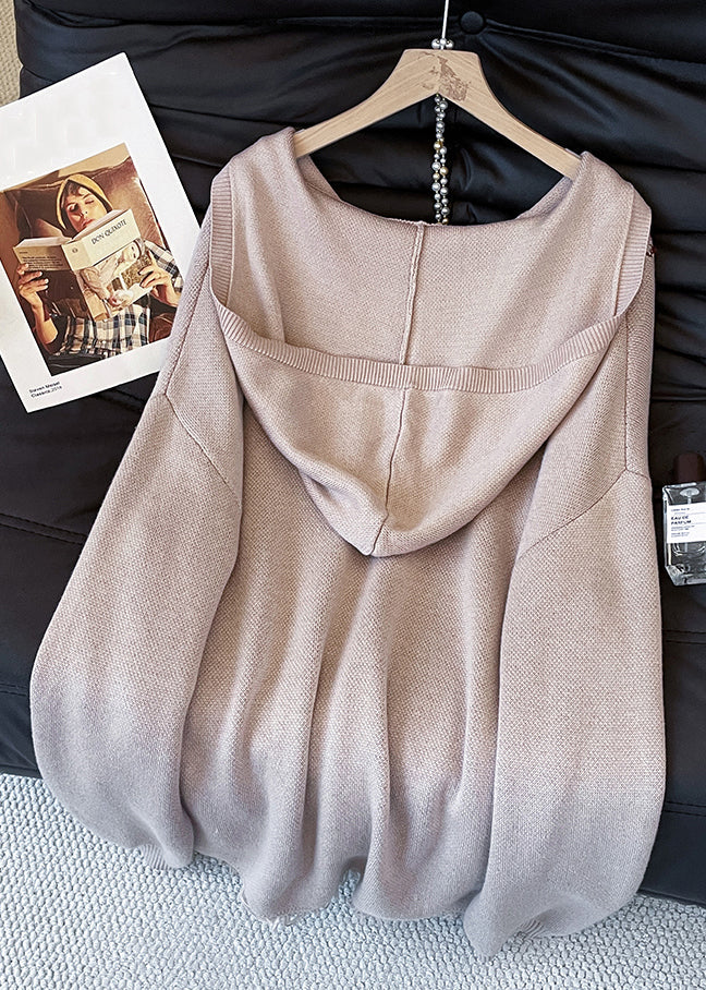 Loose Khaki Hooded Embroidered Lace Up Knit Sweater Tops Fall