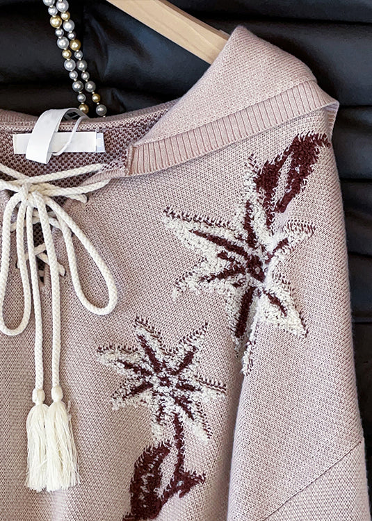 Loose Khaki Hooded Embroidered Lace Up Knit Sweater Tops Fall