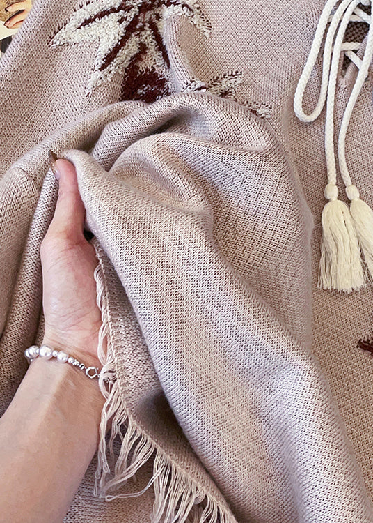 Loose Khaki Hooded Embroidered Lace Up Knit Sweater Tops Fall