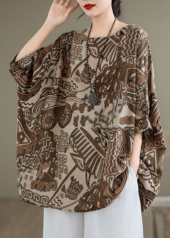 Loose Khaki O Neck Print Cotton T Shirt Batwing Sleeve