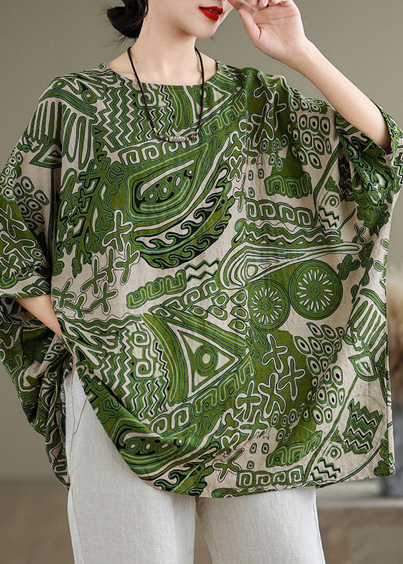 Loose Khaki O Neck Print Cotton T Shirt Batwing Sleeve