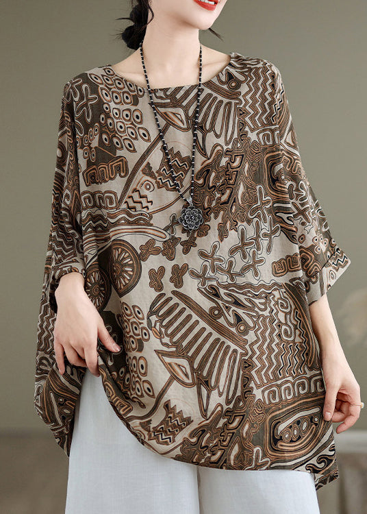 Loose Khaki O Neck Print Cotton T Shirt Batwing Sleeve