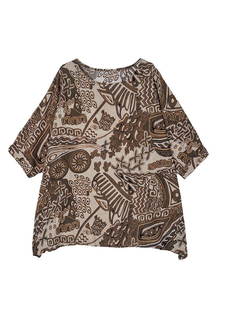 Loose Khaki O Neck Print Cotton T Shirt Batwing Sleeve