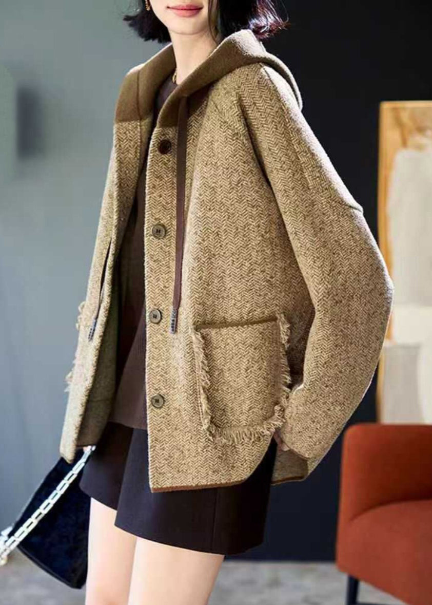 Loose Khaki Patchwork Pockets Button Woolen Hooded Coats Spring