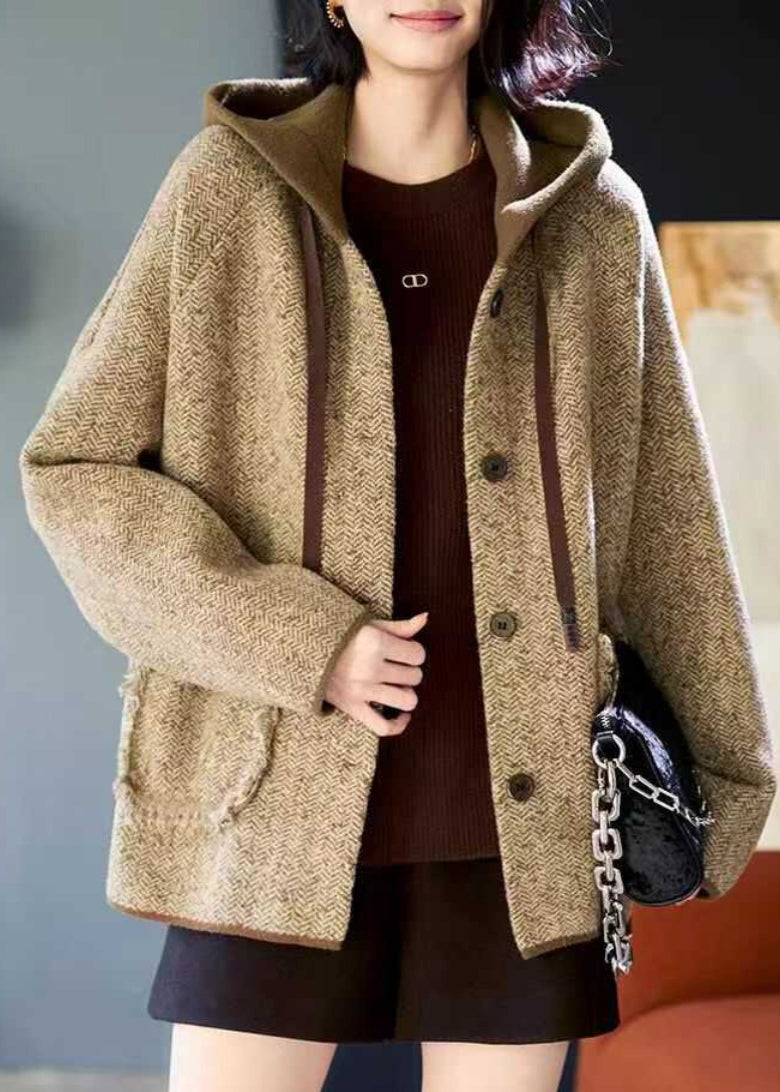Loose Khaki Patchwork Pockets Button Woolen Hooded Coats Spring