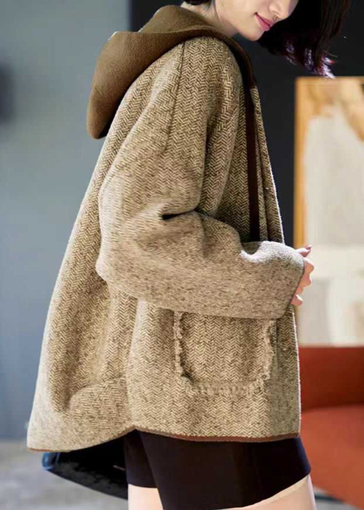 Loose Khaki Patchwork Pockets Button Woolen Hooded Coats Spring