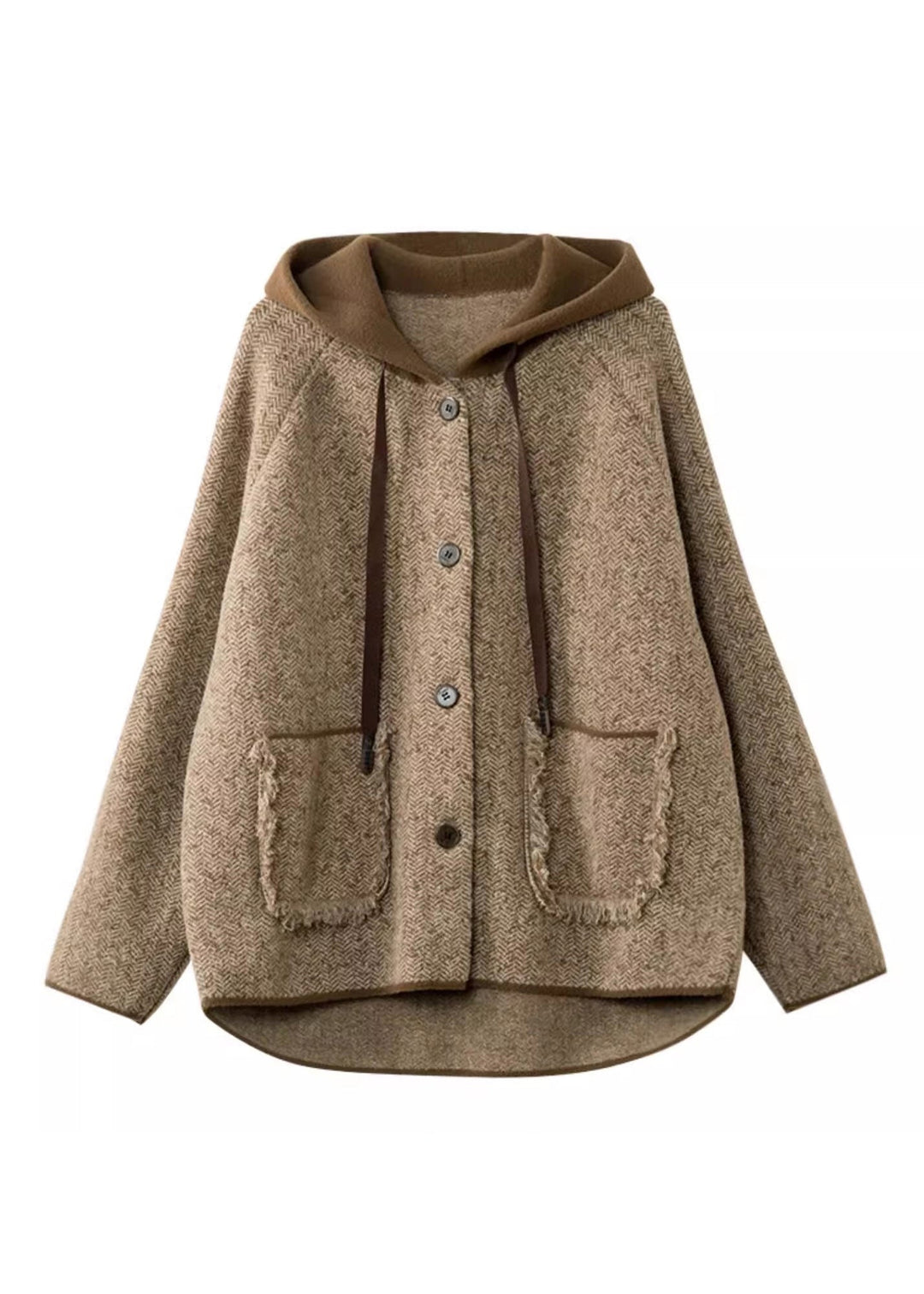 Loose Khaki Patchwork Pockets Button Woolen Hooded Coats Spring
