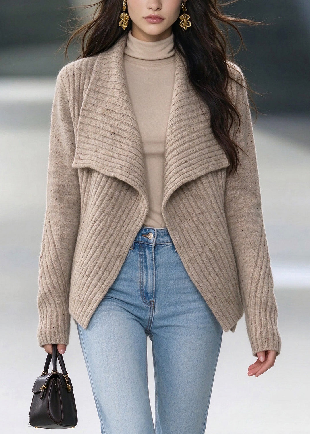 Loose Khaki Peter Pan Collar Asymmetrical Knit Cardigan Fall