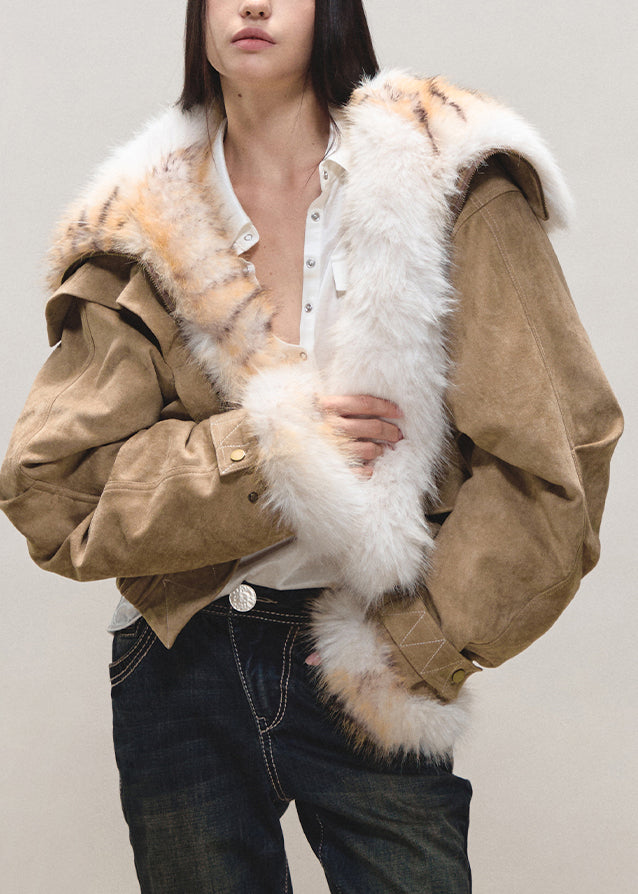 Loose Khaki Peter Pan Collar Pockets Faux Suede Parka Lantern Sleeve