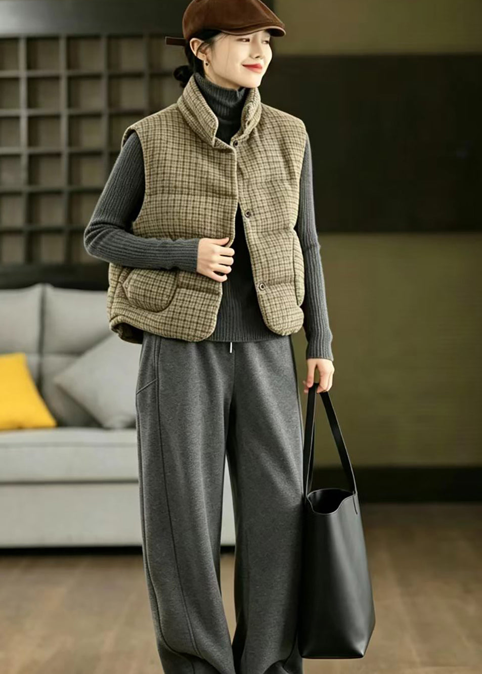 Loose Khaki Plaid Stand Collar Woolen Cotton Filled Waistcoat Winter