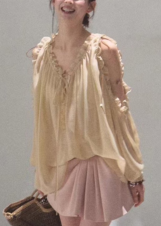 Loose Khaki Ruffled Lace Up Chiffon Shirts Fall