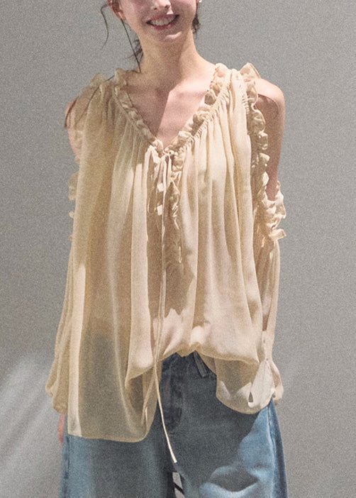 Loose Khaki Ruffled Lace Up Chiffon Shirts Fall