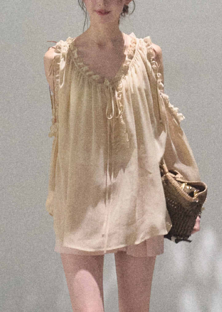 Loose Khaki Ruffled Lace Up Chiffon Shirts Fall