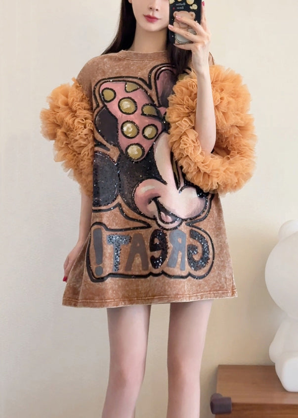Loose Khaki Ruffled Tulle Patchwork T Shirts Dresses Summer