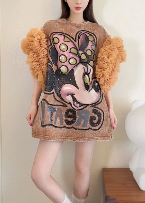 Loose Khaki Ruffled Tulle Patchwork T Shirts Dresses Summer