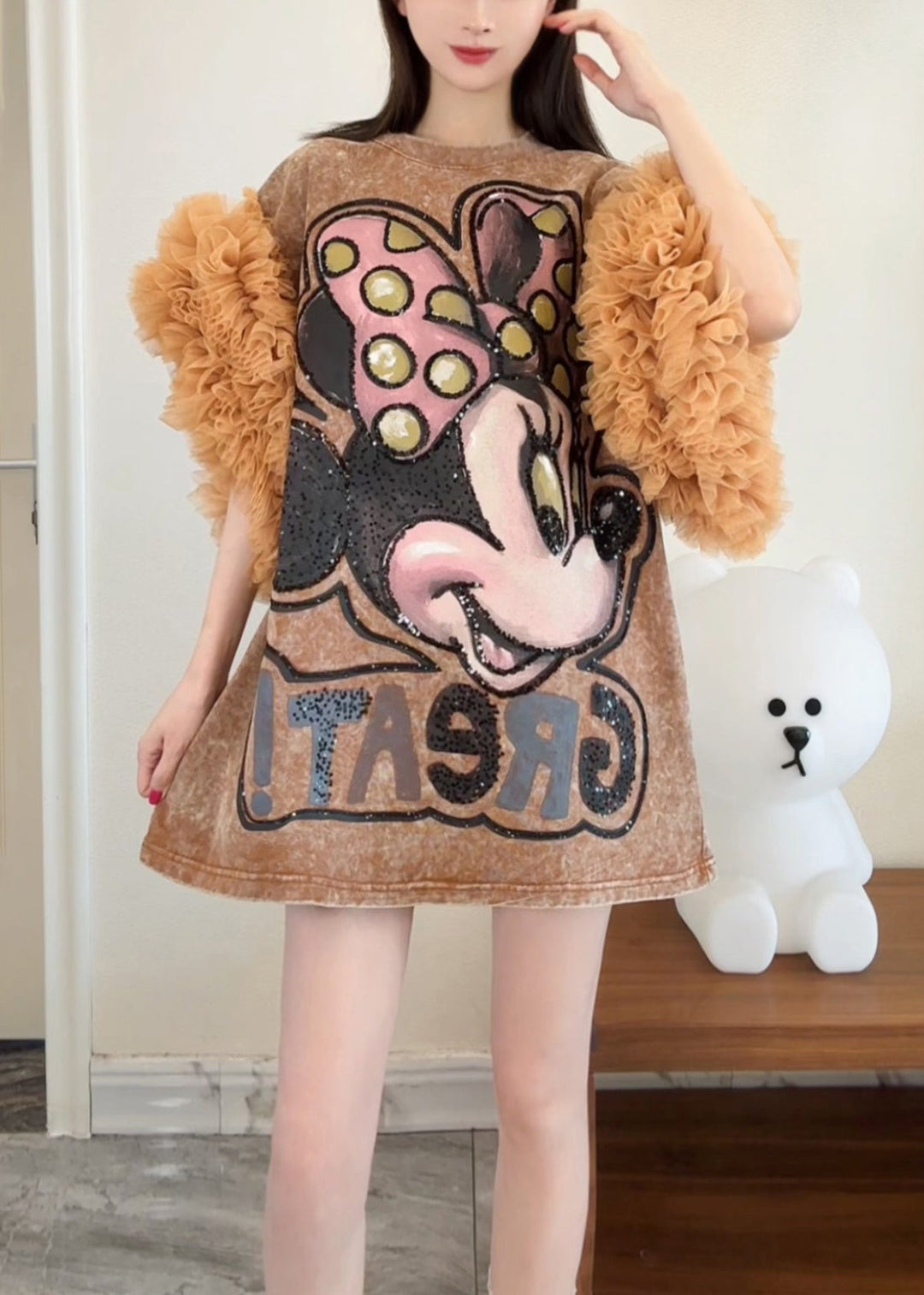 Loose Khaki Ruffled Tulle Patchwork T Shirts Dresses Summer