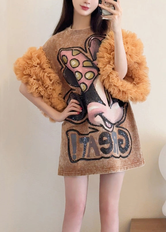 Loose Khaki Ruffled Tulle Patchwork T Shirts Dresses Summer
