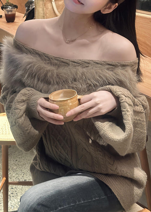 Loose Khaki Slash Neck Fluffy Patchwork Knit Cable Sweater Winter