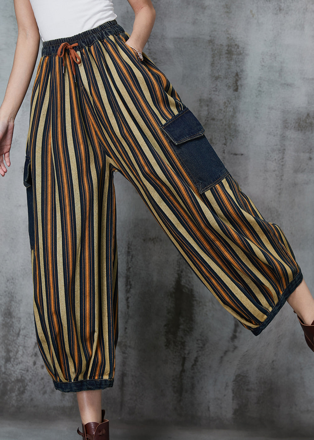 Loose Khaki Striped Patchwork Pockets Denim Pants Spring