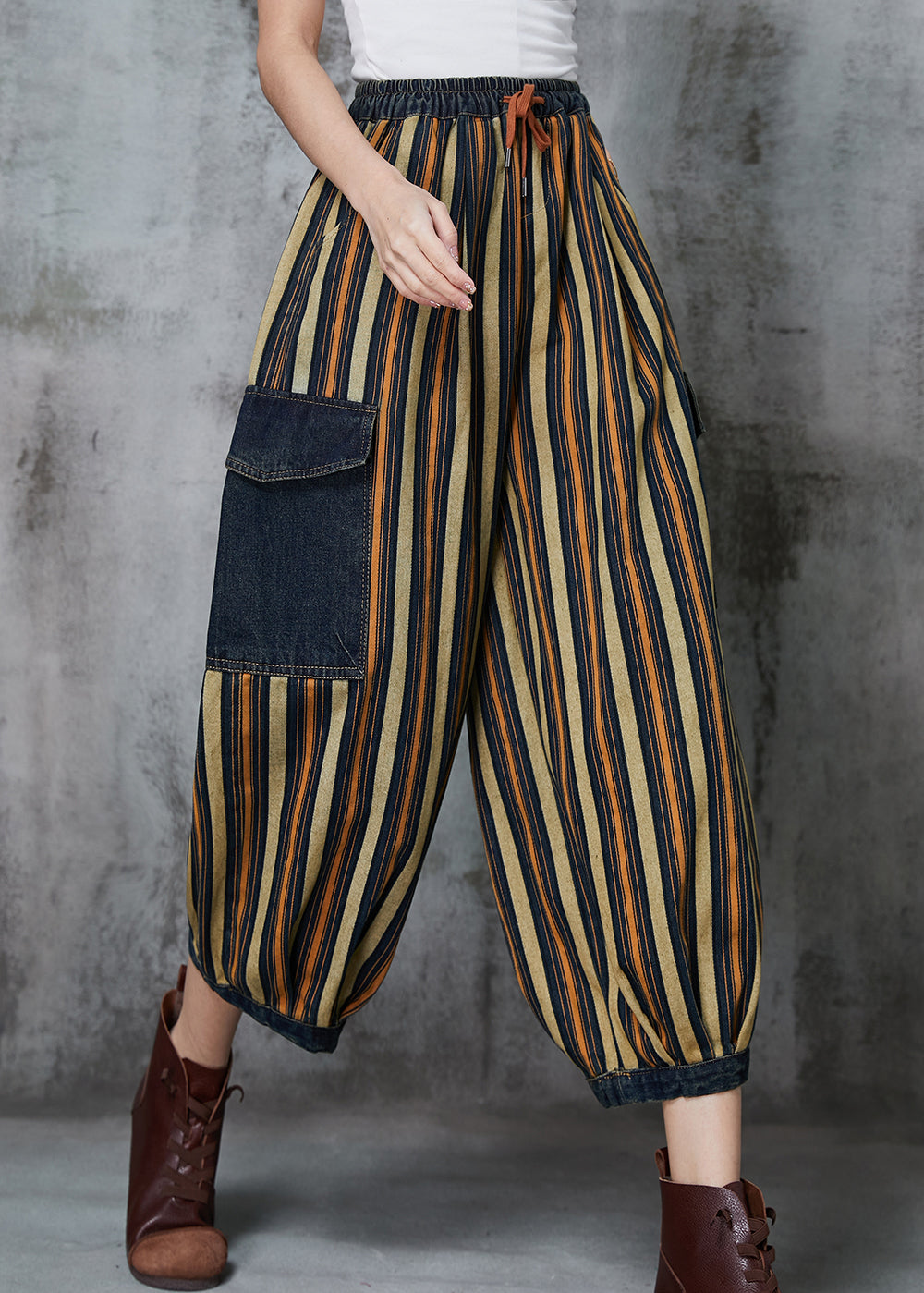 Loose Khaki Striped Patchwork Pockets Denim Pants Spring