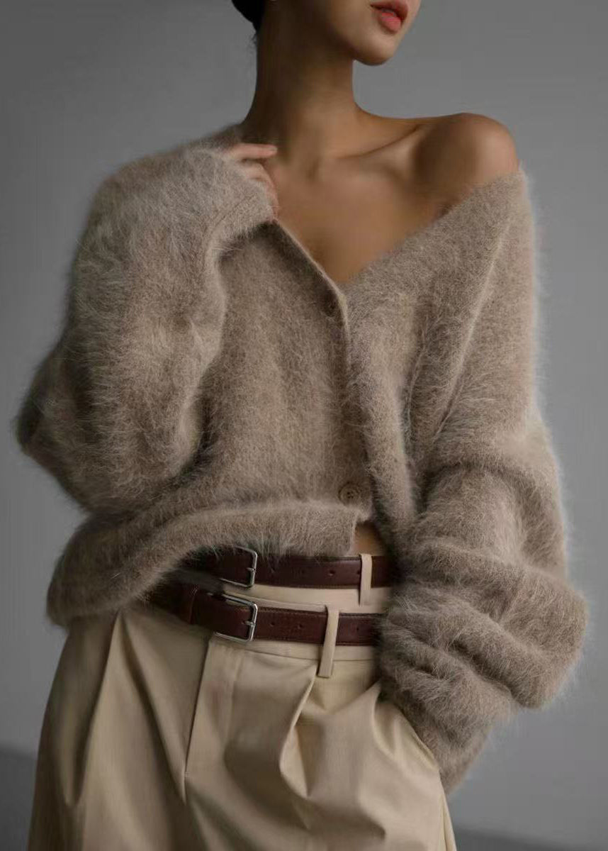 Loose Khaki V Neck Faux Mink Hair Knitted Cardigans Long sleeve