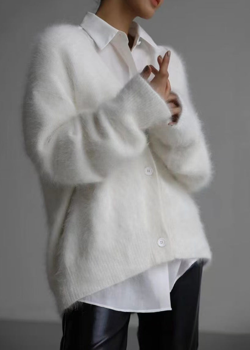 Loose Khaki V Neck Faux Mink Hair Knitted Cardigans Long sleeve