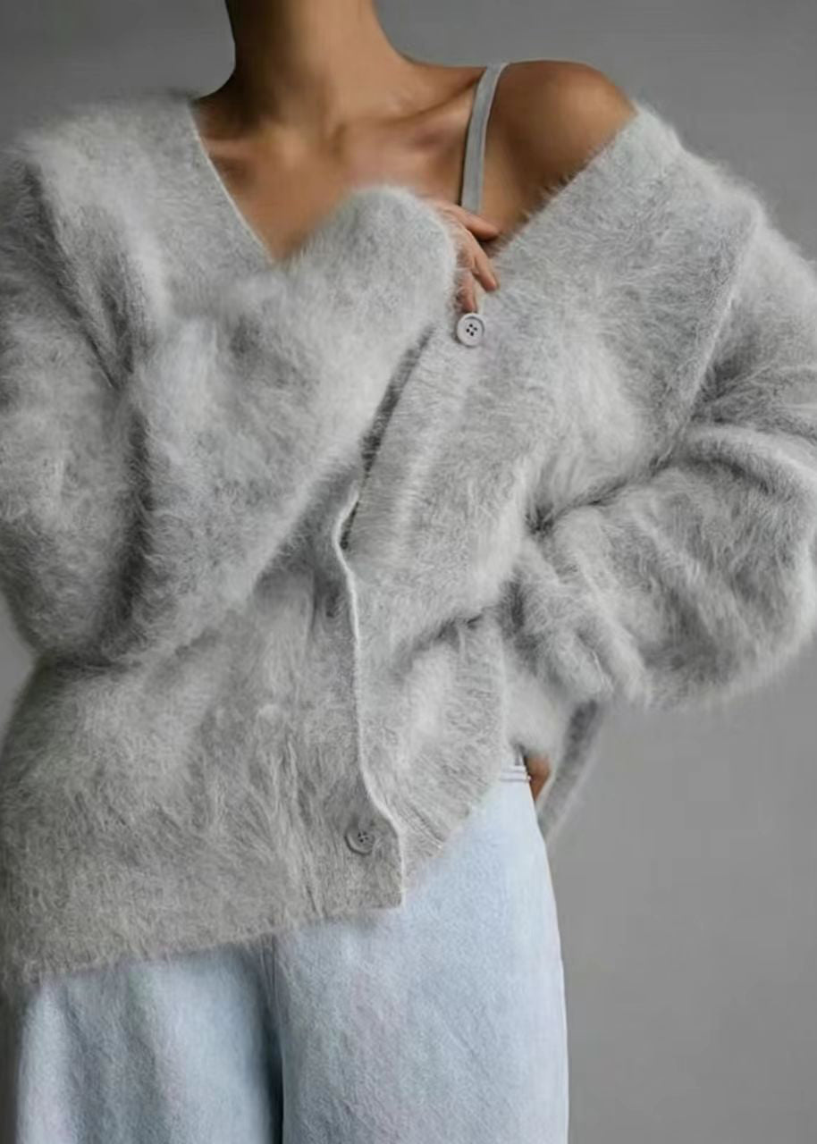 Loose Khaki V Neck Faux Mink Hair Knitted Cardigans Long sleeve